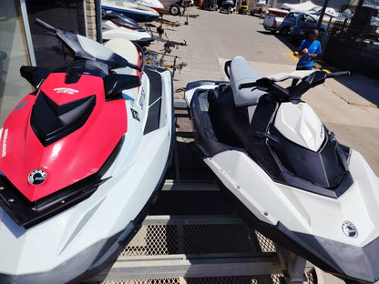 2012 Sea-Doo GTS and 2015 Sea-Doo Spark jet ski package with double trailer side view