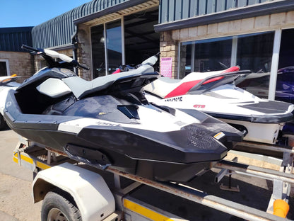 2012 Sea-Doo GTS and 2015 Sea-Doo Spark jet ski package with double trailer side view